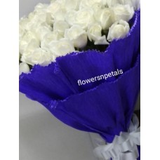 50 White Roses Bunch With 2 layer  Blue Paper Packing